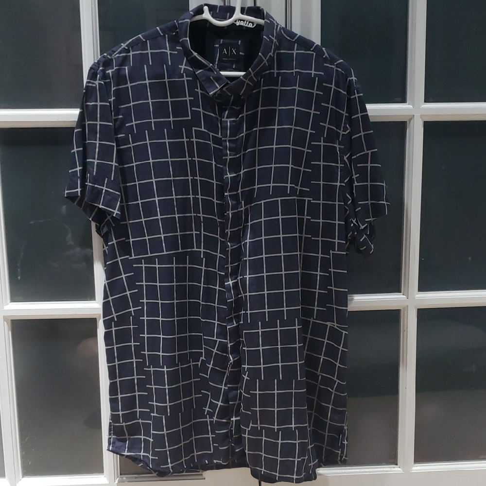 Armani Exchange Blue Fitted Casual Button Front S/S Checkered Men's Shirt Sz XXL